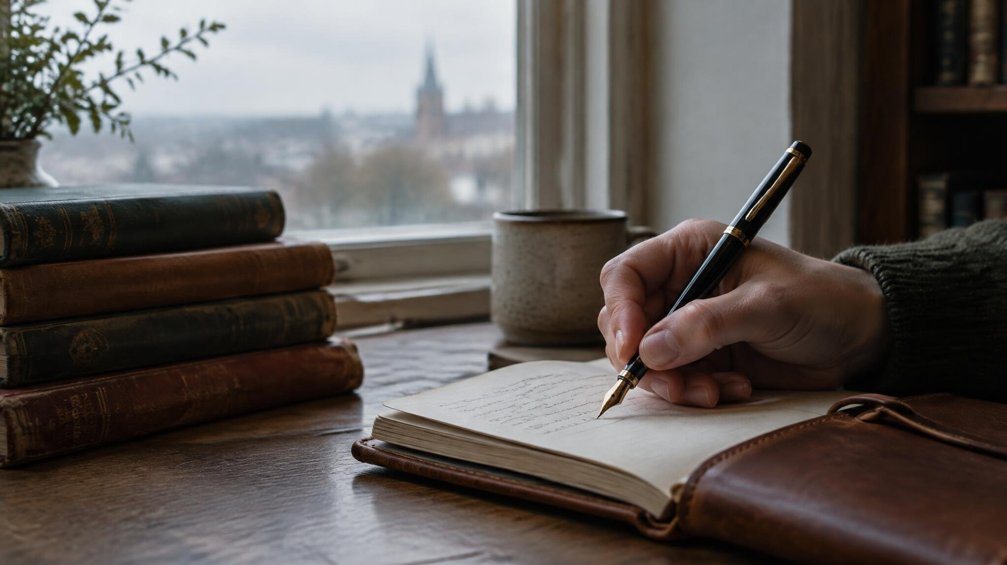 Hand writing in a notebook beside a window with soft light