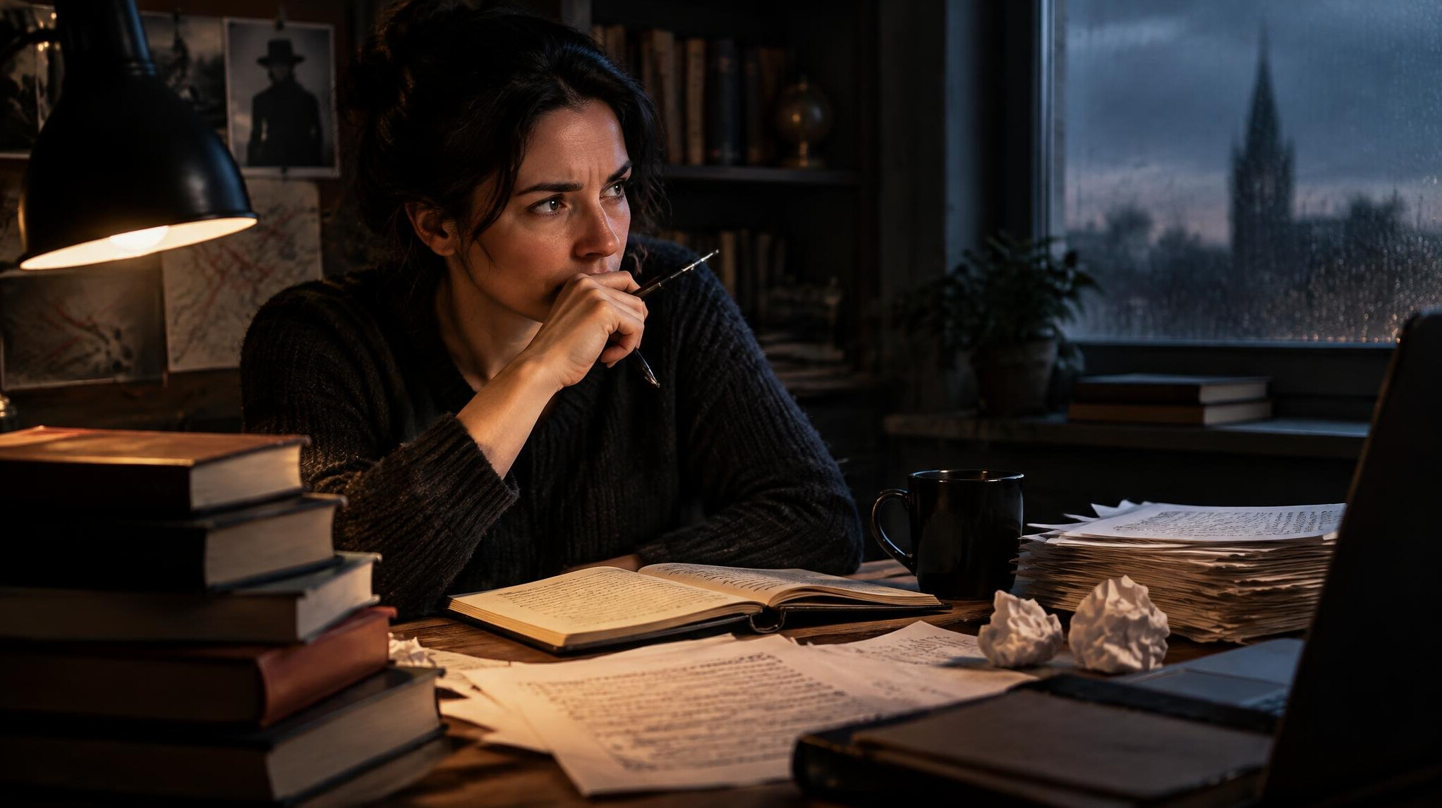 mystery writer at desk