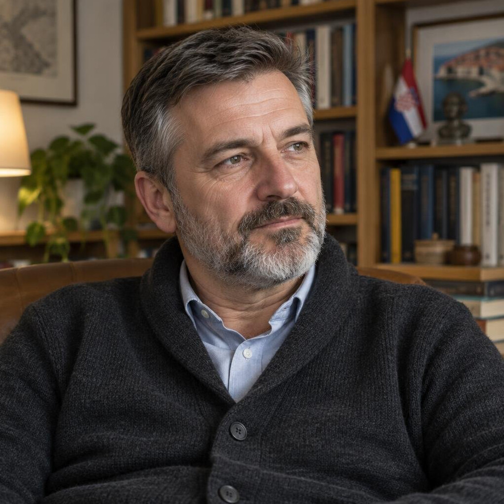 Thoughtful middle-aged Croatian male writer in a study