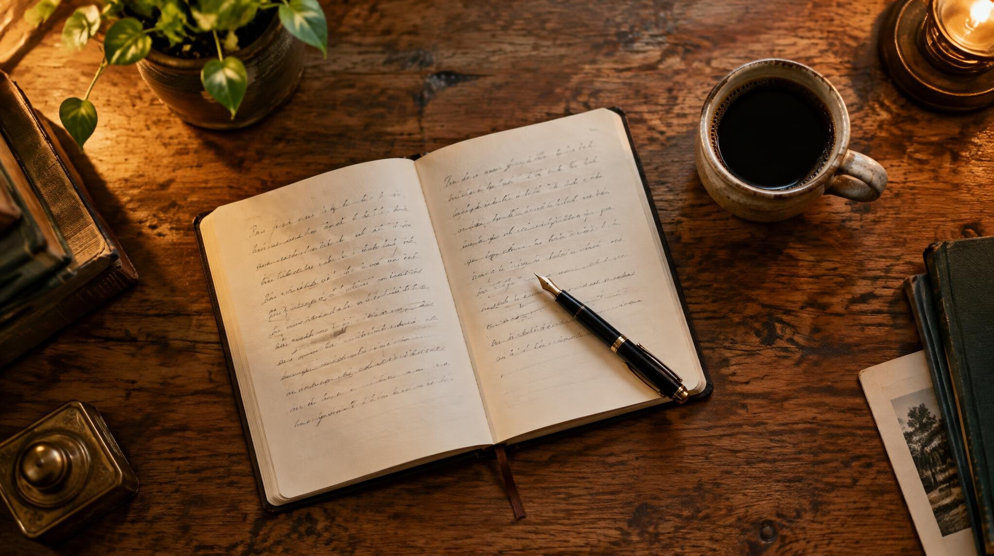 Overhead view of a wooden desk with an open notebook and pen