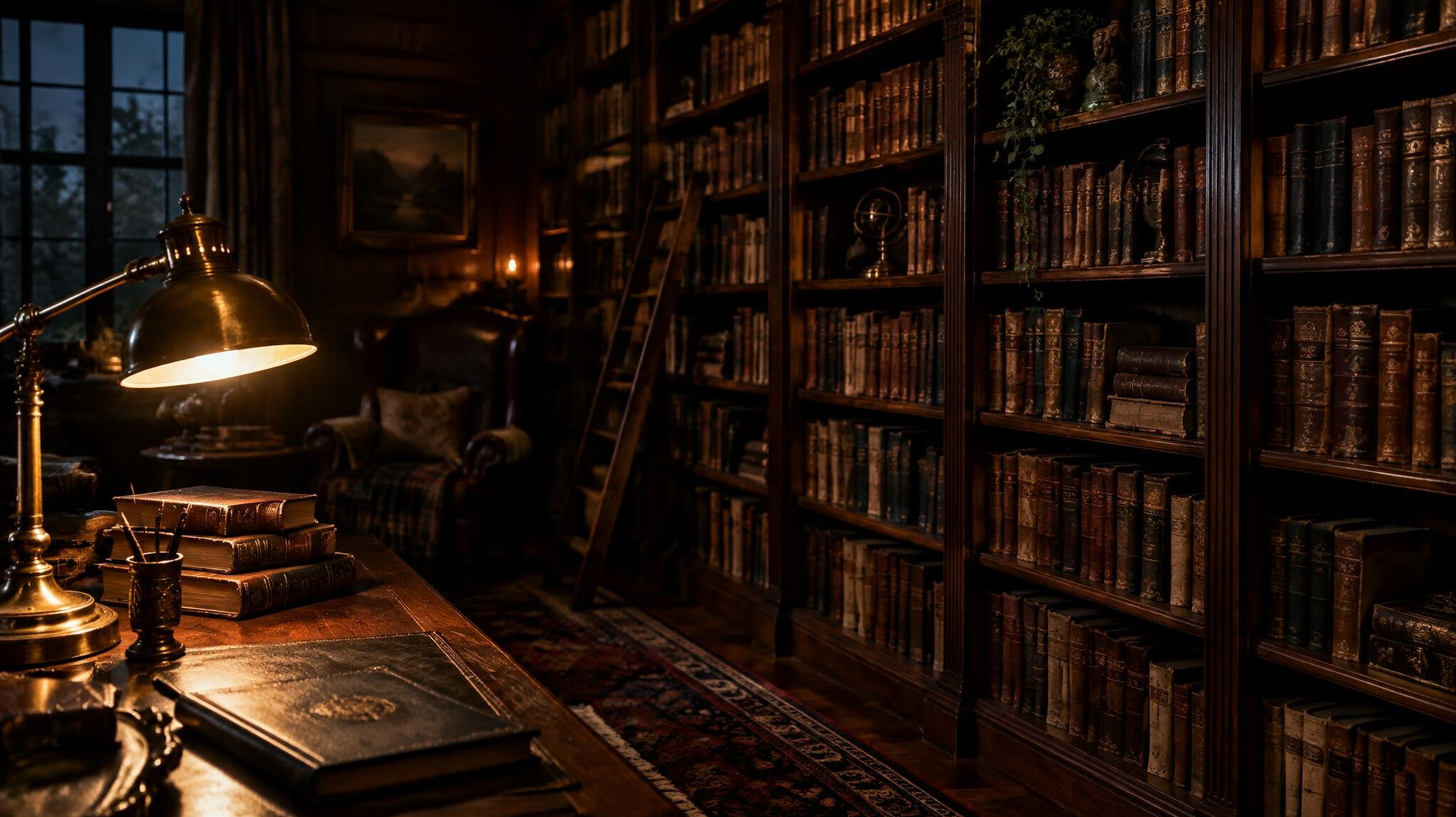 Cozy home library with tall bookshelves and a lit desk lamp