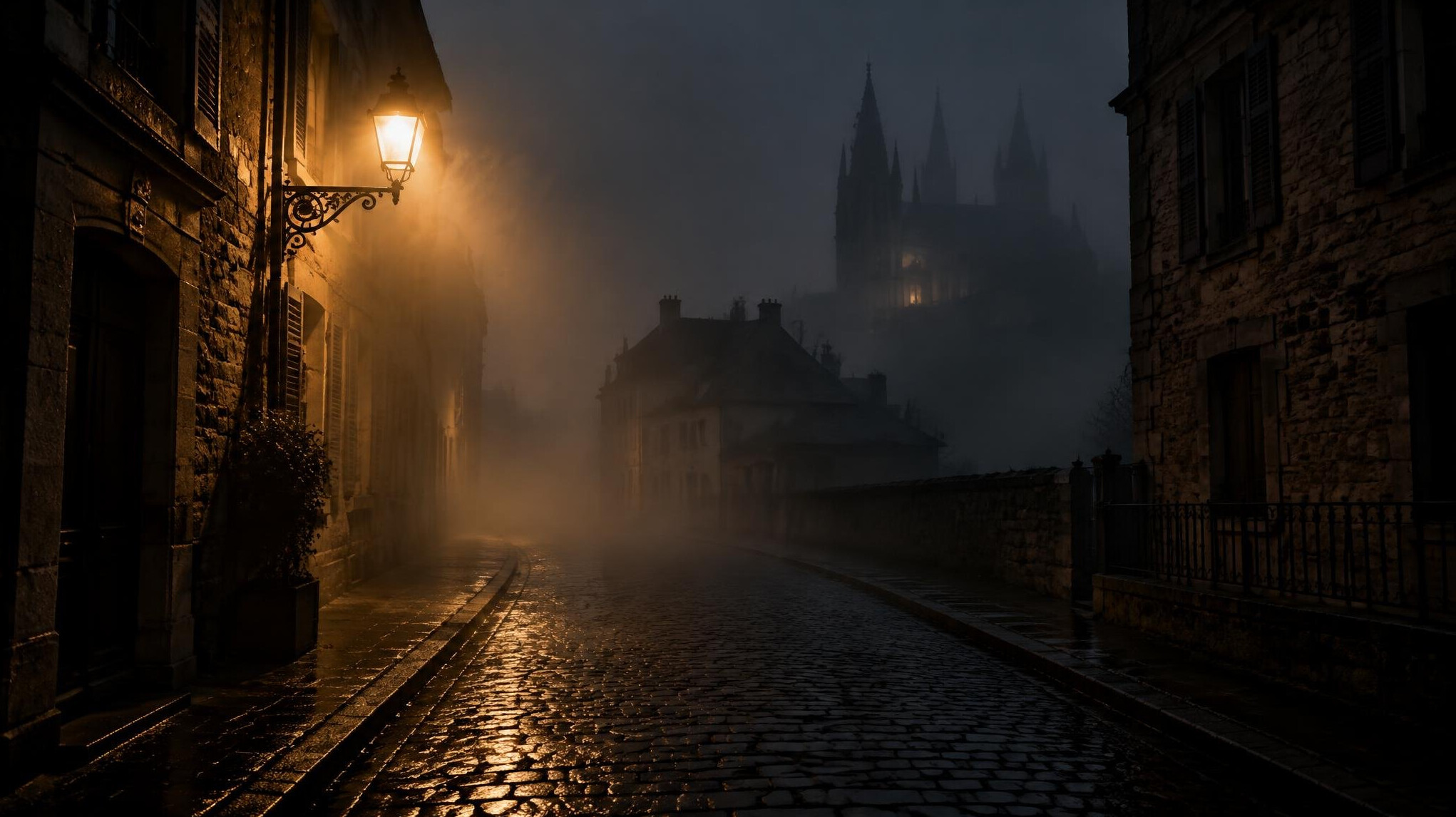 Foggy empty street at night with a single lit lamp